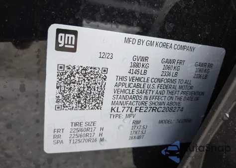 2024 Chevrolet Trax Fwd Sp z USA, uszkodzony, nr VIN KL77LFE27RC208274